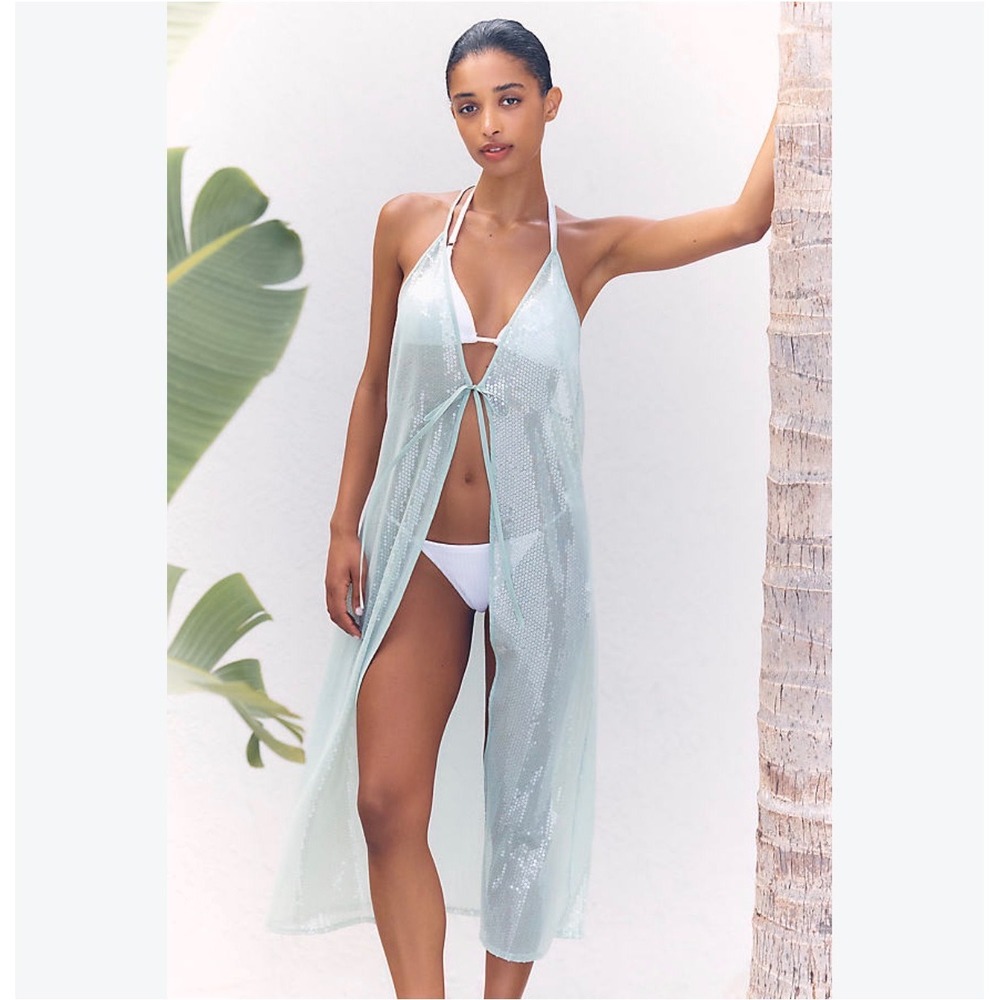 Anthropologie Kaftan Mint Green Sequin Mesh Swim Cover-Up Racerback Midi OS NWT